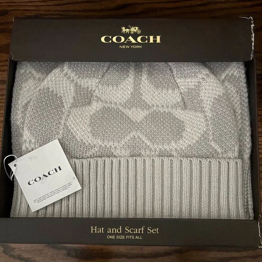 COACH Signature Knit Hat and Scarf 2-piece Set - Picture 6 of 6